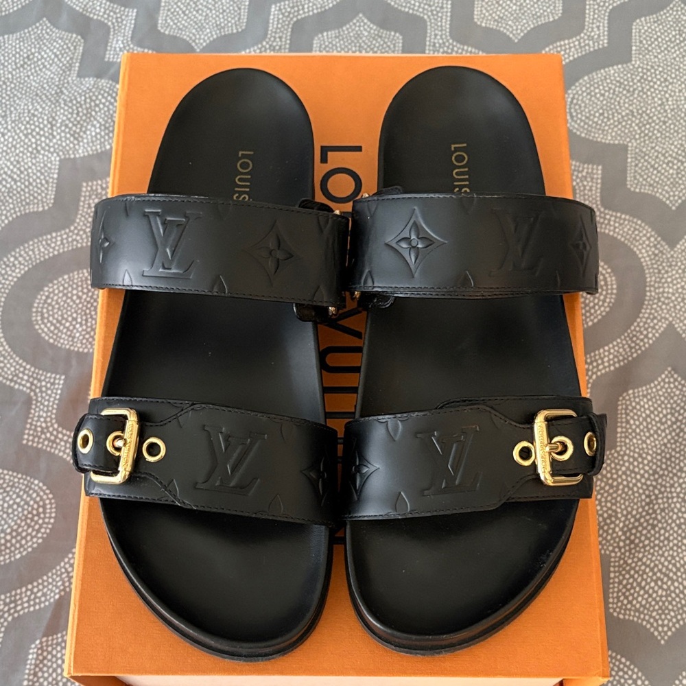 Louis Vuitton Black Sandals W/Gold Buckles size 9.5 comes with box&shopping bag